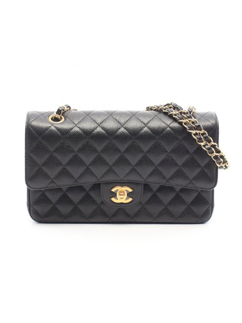 Chanel Shoulder Bag Quilted Double Flap Black Caviar Leather Chain